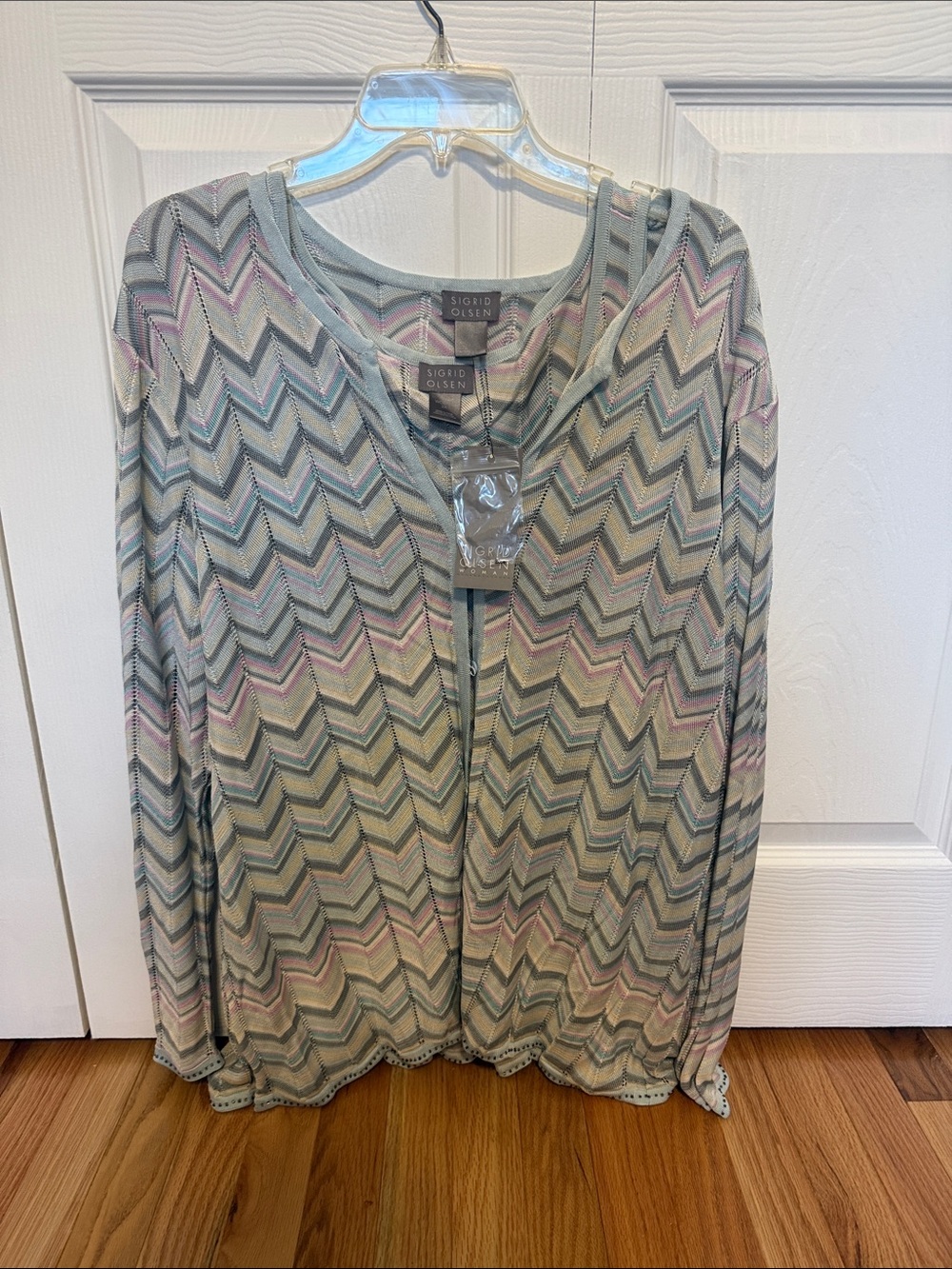 Sigrid Olsen Chevron Open-Front Cardigan in Sage and Pink